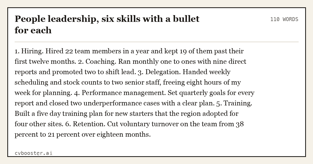 Complete People leadership, six skills with a bullet for each example, 110 words, laid out as it would sit in the application form