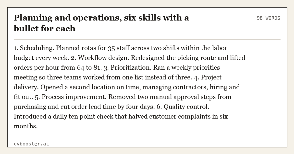 Complete Planning and operations, six skills with a bullet for each example, 98 words, laid out as it would sit in the application form