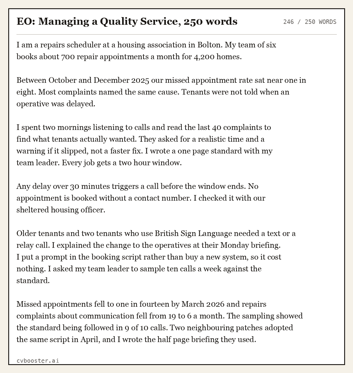 Complete EO: Managing a Quality Service example, 246 words, laid out as it would sit in the application form