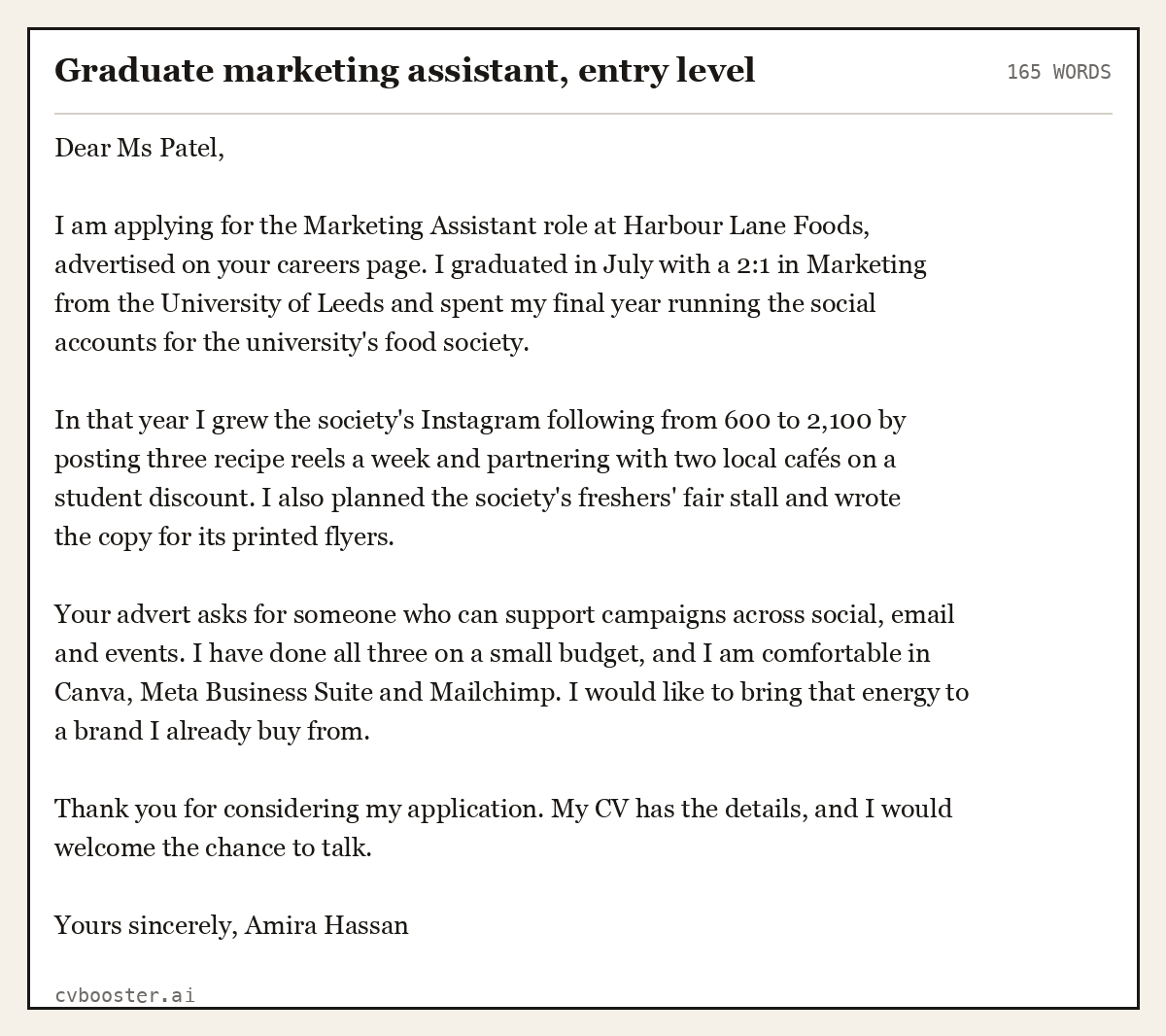 Complete Graduate marketing assistant, entry level example, 165 words, laid out as it would sit in the application form