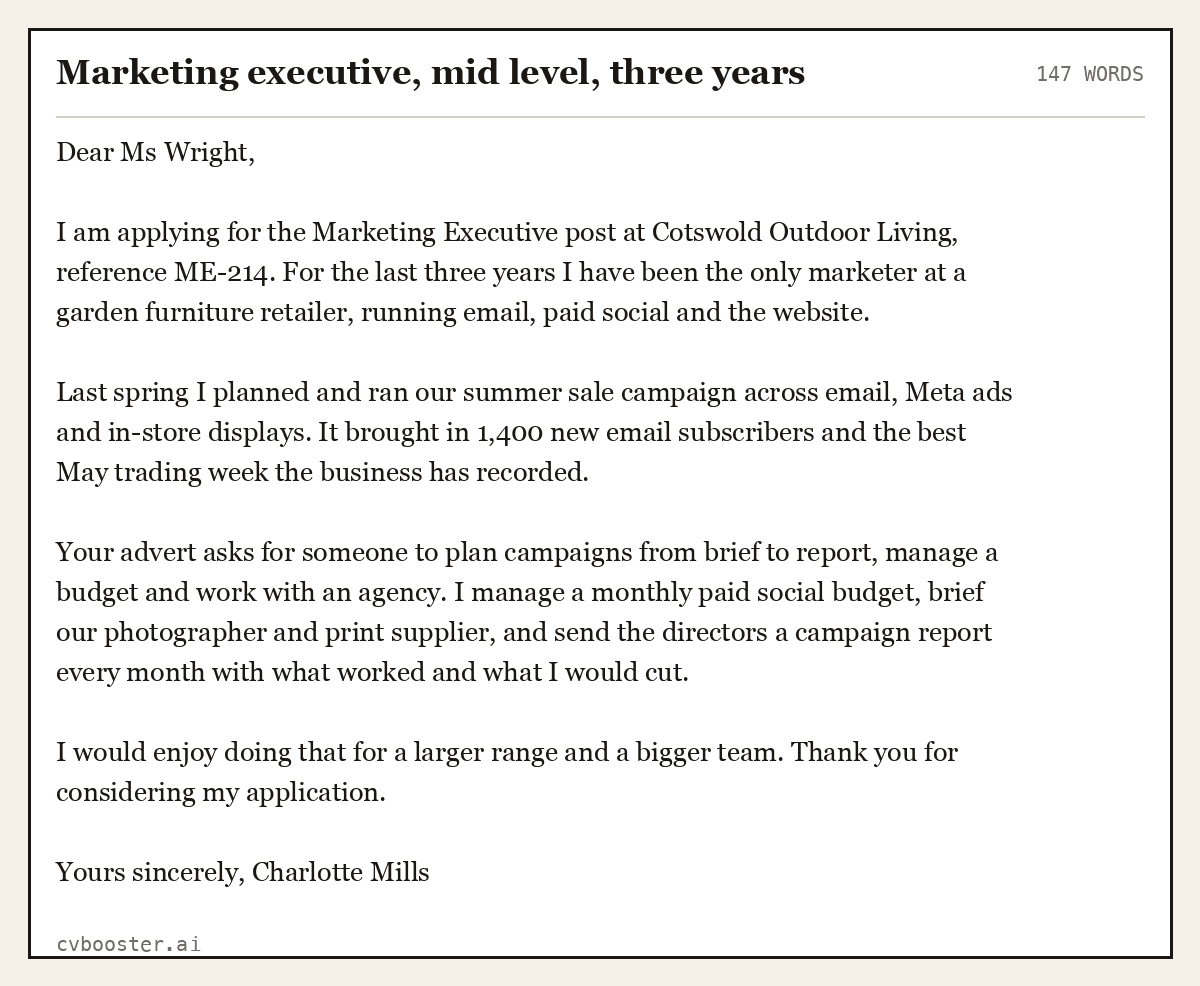 Complete Marketing executive, mid level, three years example, 147 words, laid out as it would sit in the application form