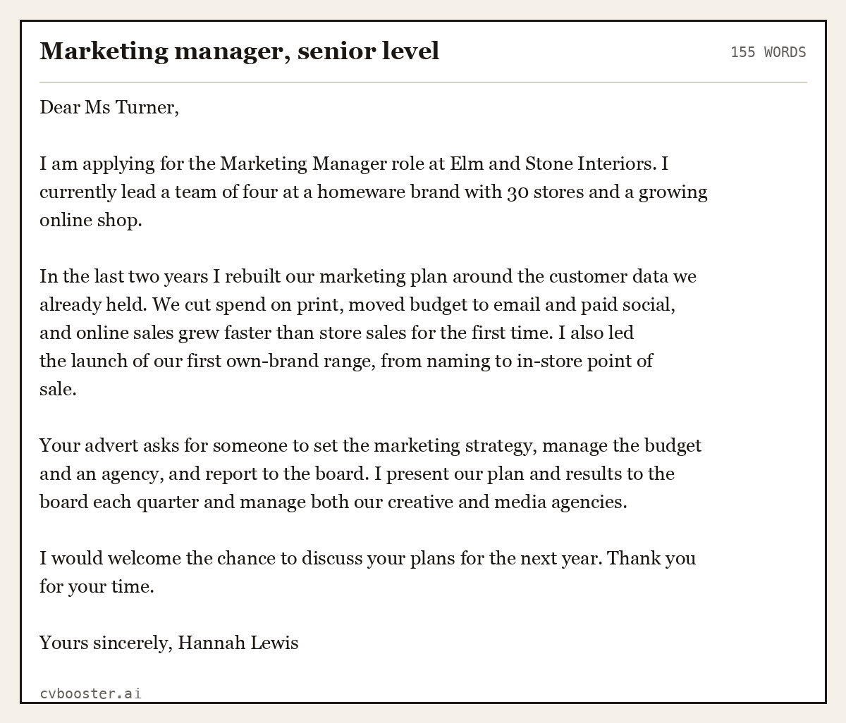Complete Marketing manager, senior level example, 155 words, laid out as it would sit in the application form