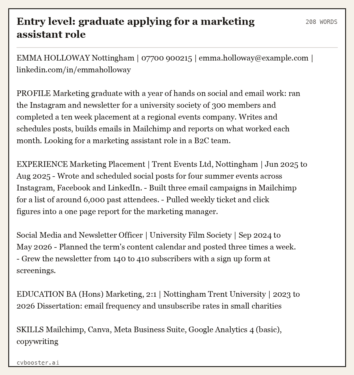 Complete Entry level: graduate applying for a marketing assistant role example, 208 words, laid out as it would sit in the application form