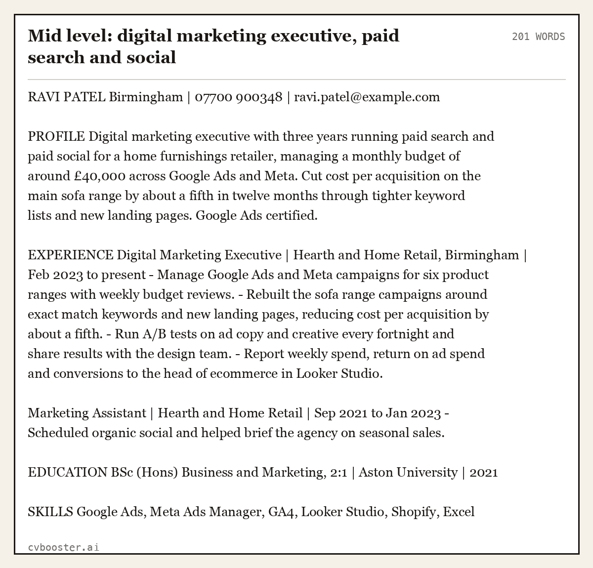 Complete Mid level: digital marketing executive, paid search and social example, 201 words, laid out as it would sit in the application form