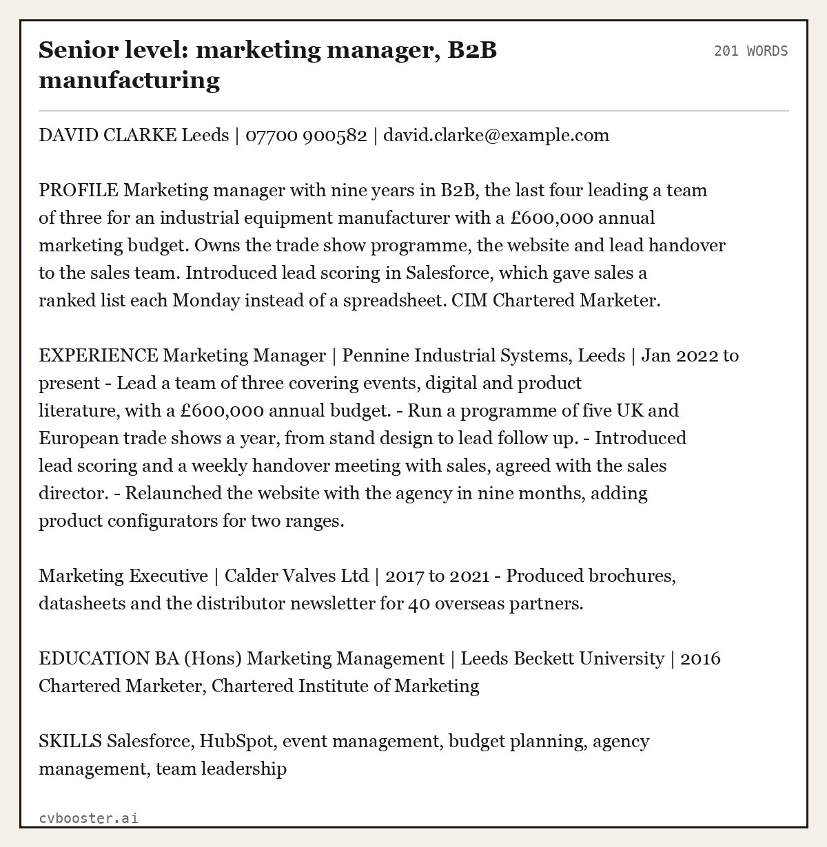 Complete Senior level: marketing manager, B2B manufacturing example, 201 words, laid out as it would sit in the application form