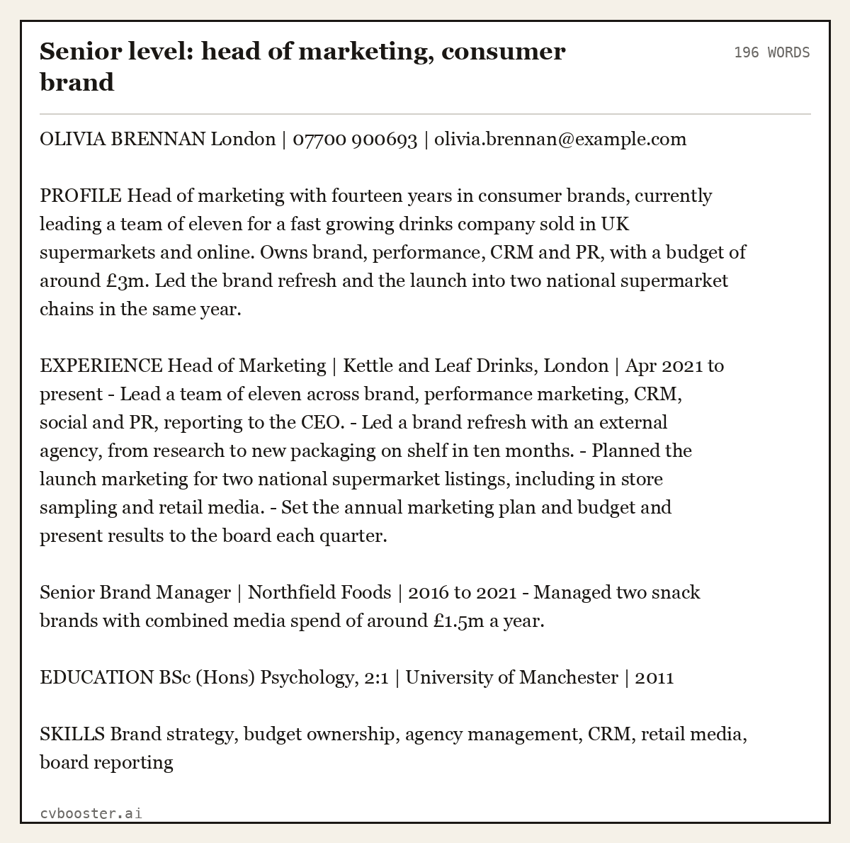Complete Senior level: head of marketing, consumer brand example, 196 words, laid out as it would sit in the application form