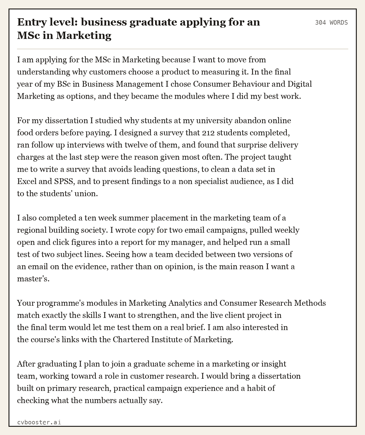 Complete Entry level: business graduate applying for an MSc in Marketing example, 304 words, laid out as it would sit in the application form