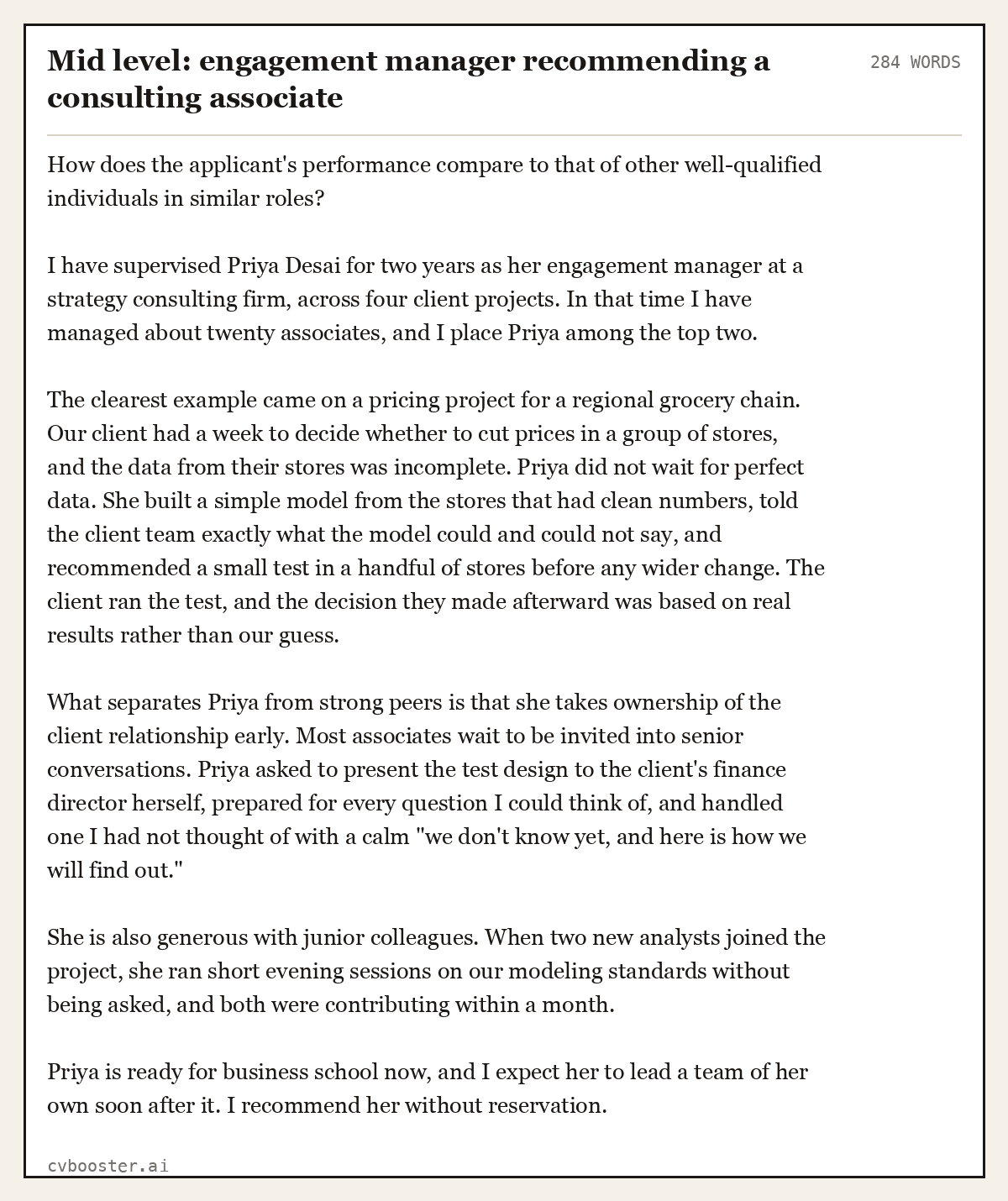 Complete Mid level: engagement manager recommending a consulting associate example, 284 words, laid out as it would sit in the application form