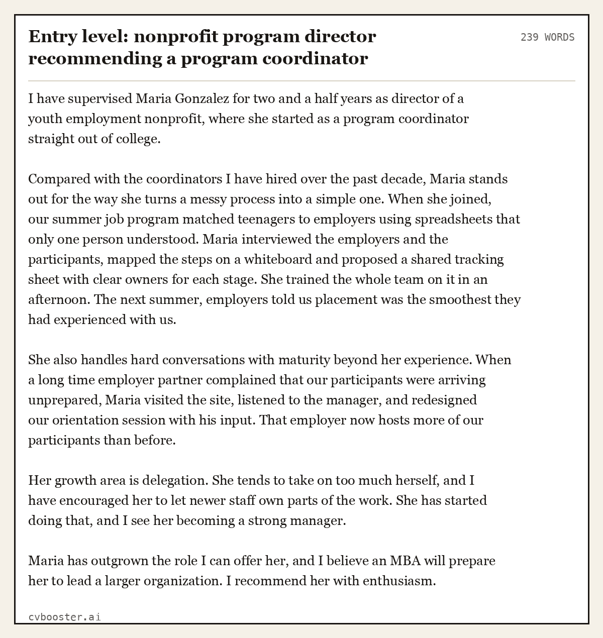 Complete Entry level: nonprofit program director recommending a program coordinator example, 239 words, laid out as it would sit in the application form