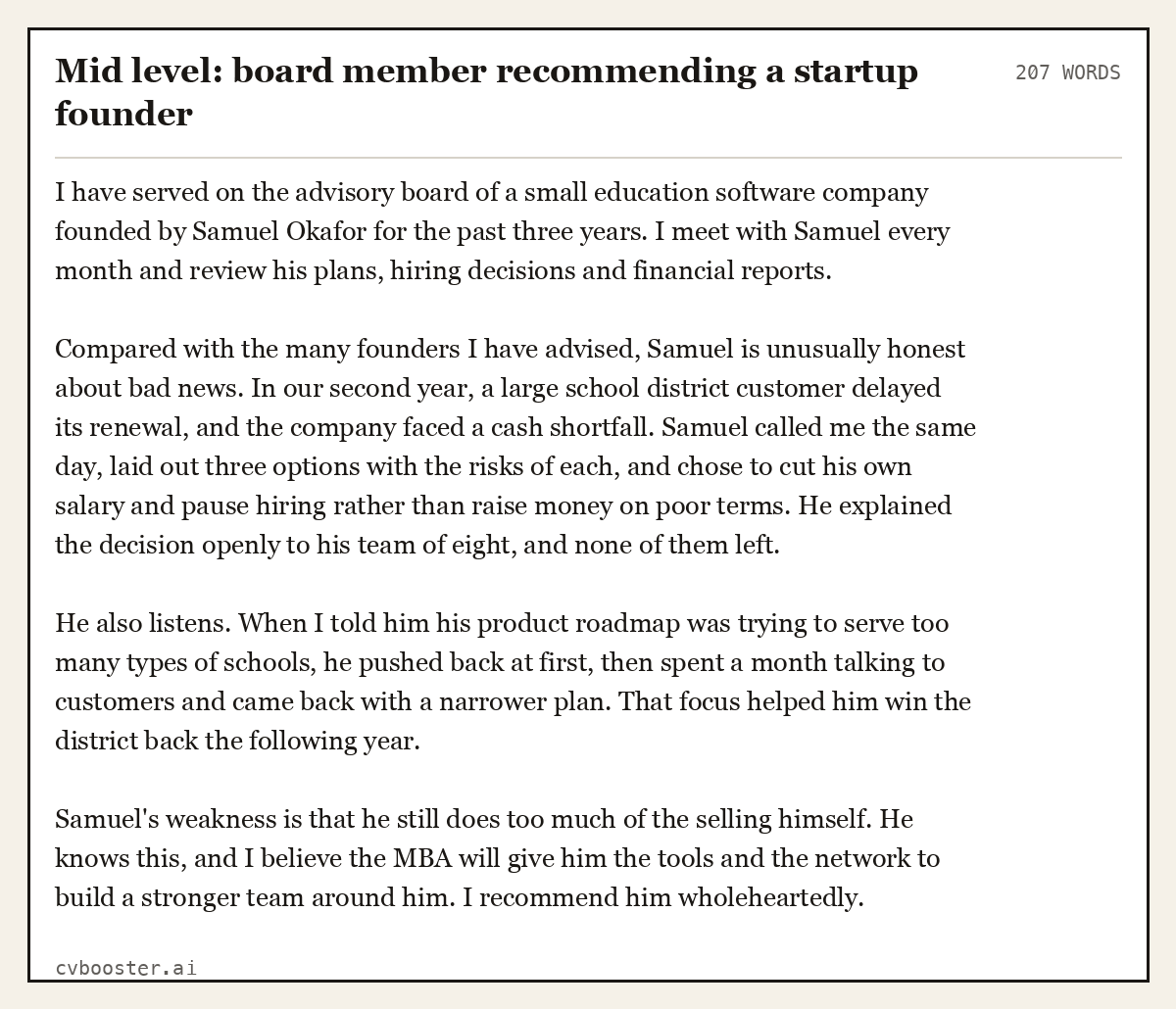 Complete Mid level: board member recommending a startup founder example, 207 words, laid out as it would sit in the application form