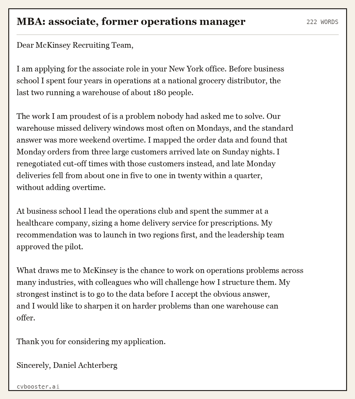 Complete MBA: associate, former operations manager example, 222 words, laid out as it would sit in the application form