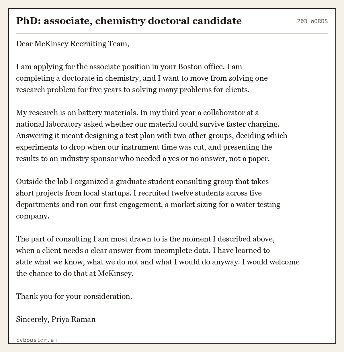Complete PhD: associate, chemistry doctoral candidate example, 203 words, laid out as it would sit in the application form