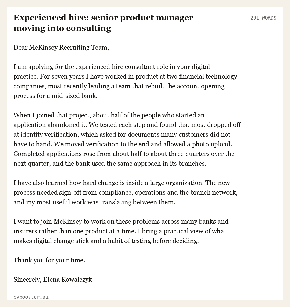 Complete Experienced hire: senior product manager moving into consulting example, 201 words, laid out as it would sit in the application form