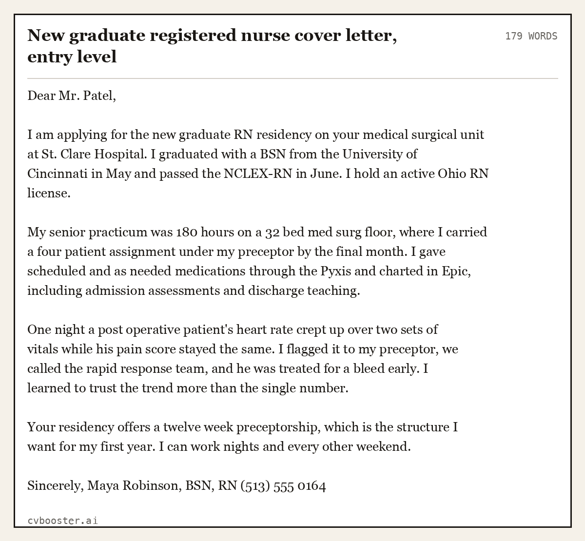 Complete New graduate registered nurse cover letter, entry level example, 179 words, laid out as it would sit in the application form