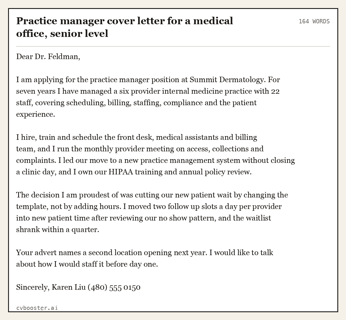 Complete Practice manager cover letter for a medical office, senior level example, 164 words, laid out as it would sit in the application form