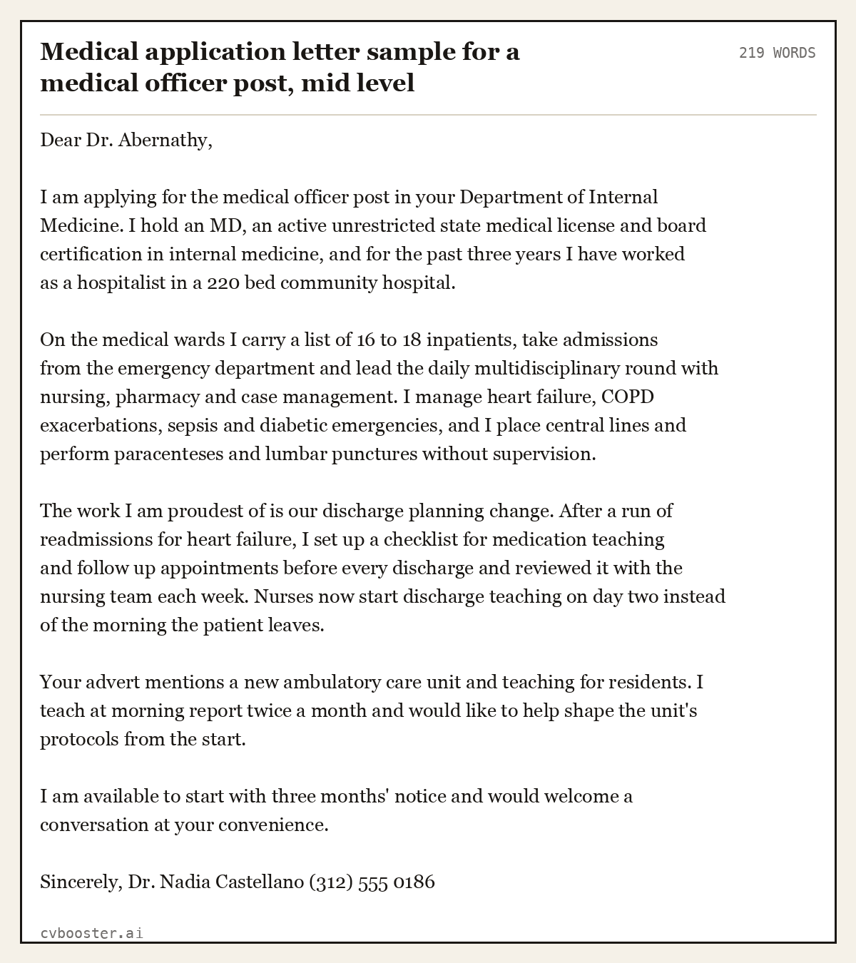 Complete Medical application letter sample for a medical officer post, mid level example, 219 words, laid out as it would sit in the application form