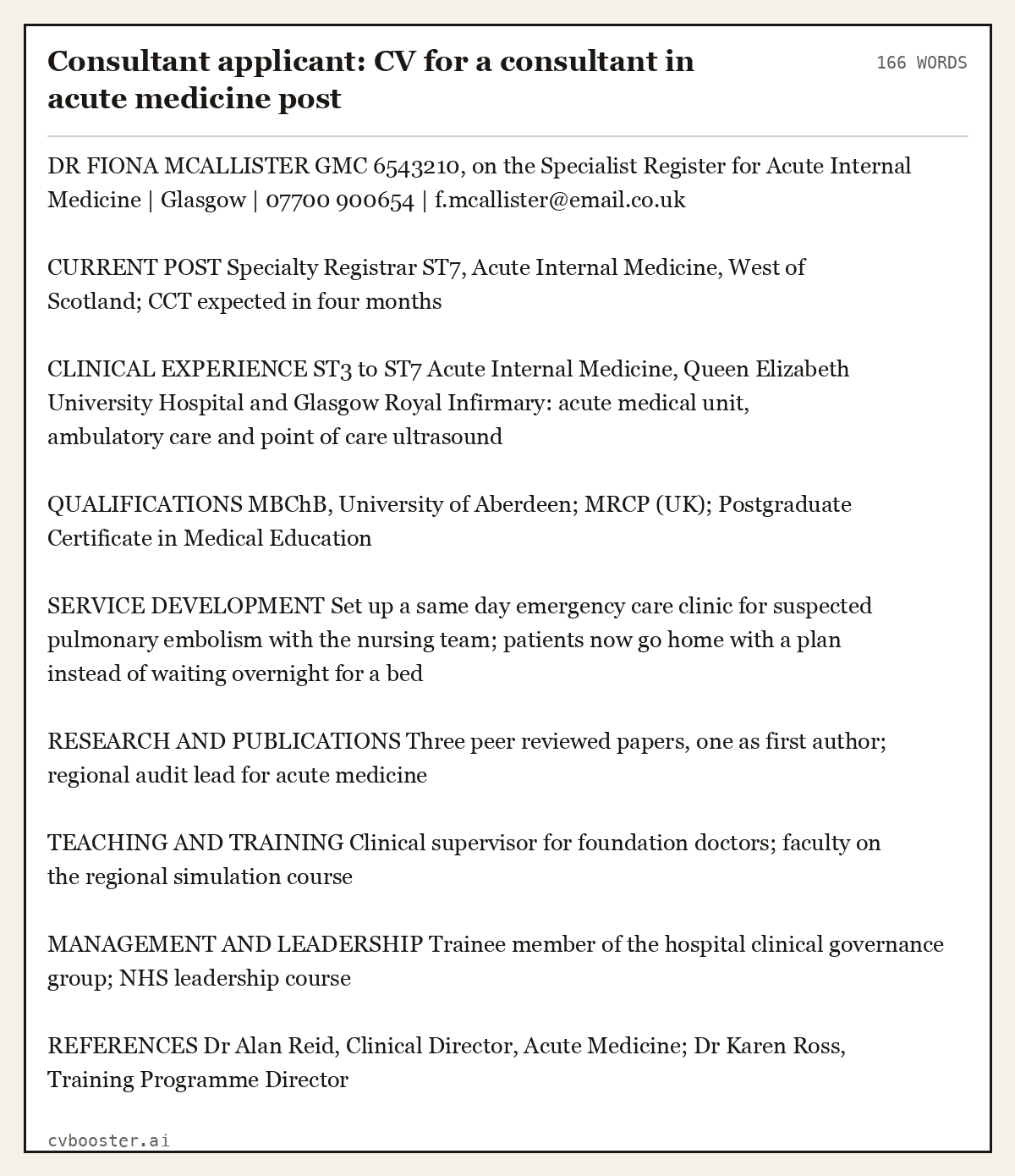 Complete Consultant applicant: CV for a consultant in acute medicine post example, 166 words, laid out as it would sit in the application form