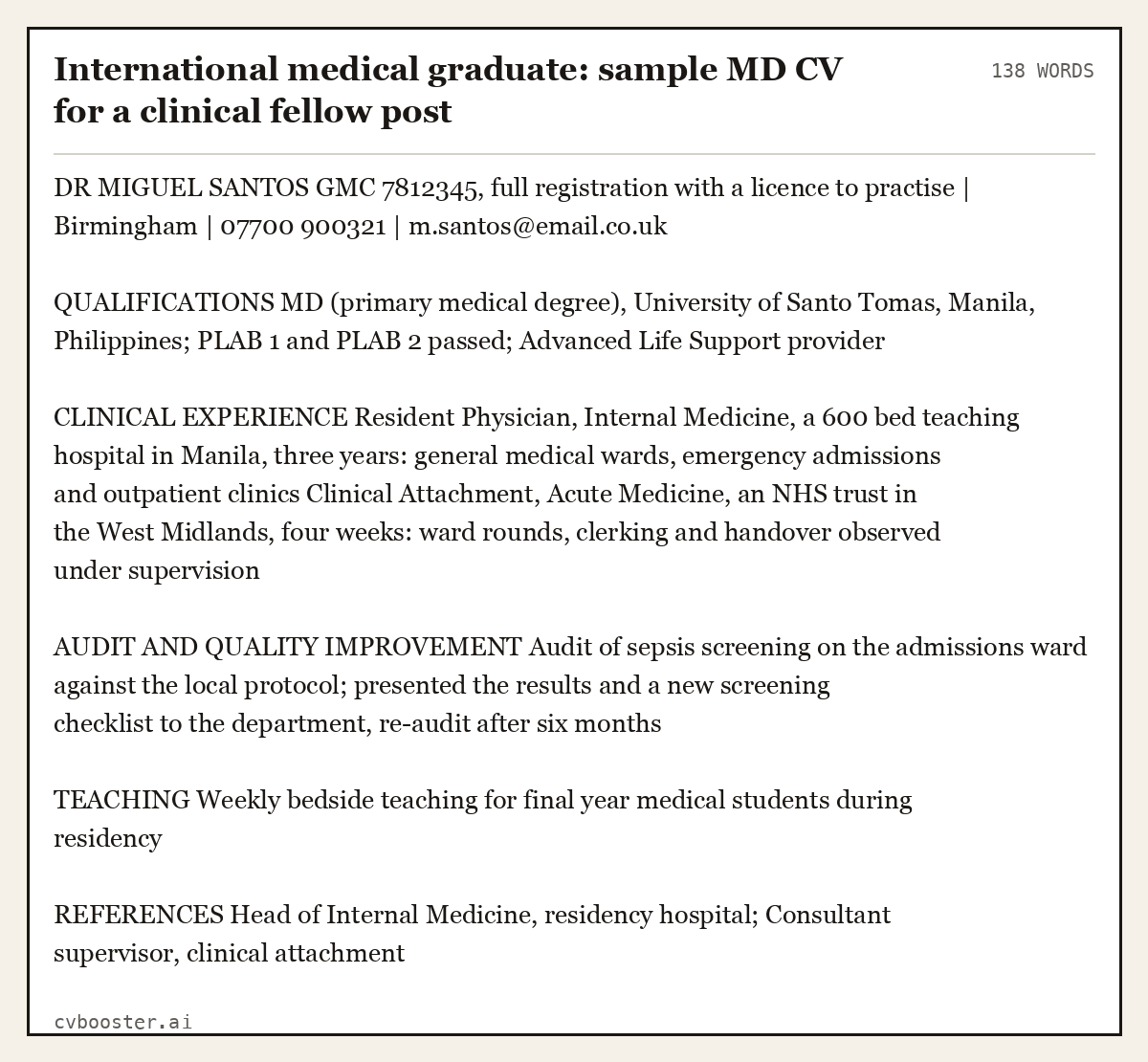 Complete International medical graduate: sample MD CV for a clinical fellow post example, 138 words, laid out as it would sit in the application form