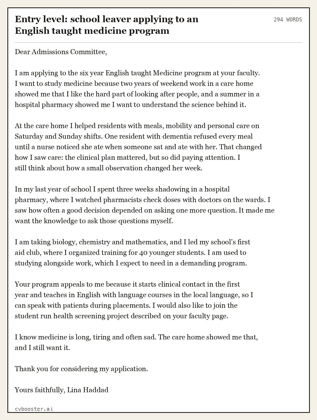 Complete Entry level: school leaver applying to an English taught medicine program example, 294 words, laid out as it would sit in the application form