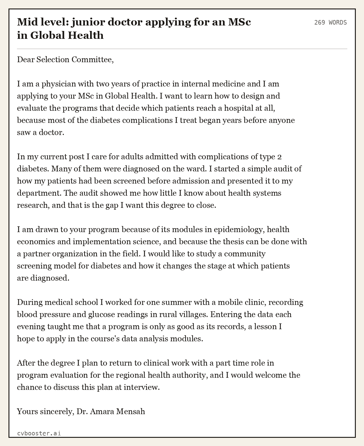 Complete Mid level: junior doctor applying for an MSc in Global Health example, 269 words, laid out as it would sit in the application form