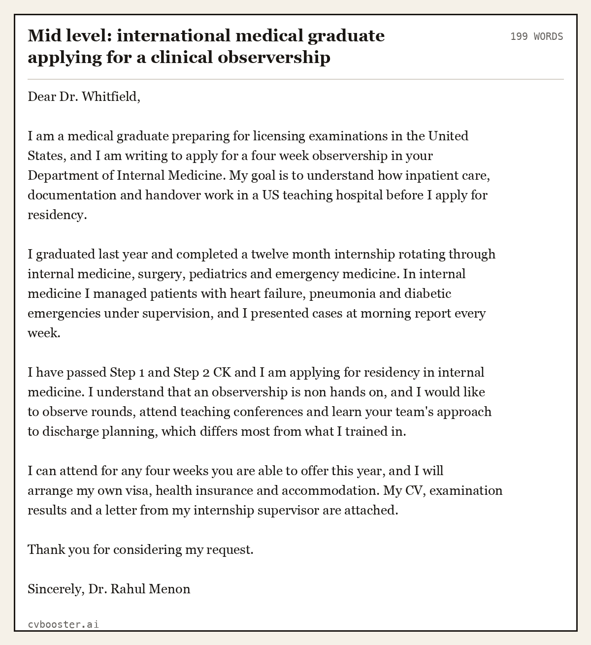 Complete Mid level: international medical graduate applying for a clinical observership example, 199 words, laid out as it would sit in the application form
