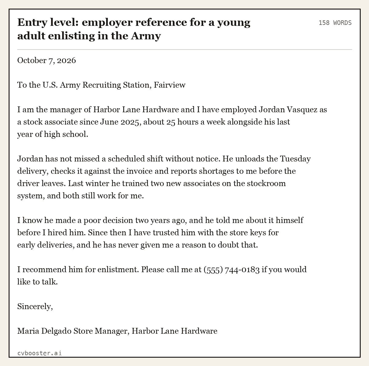 Complete Entry level: employer reference for a young adult enlisting in the Army example, 158 words, laid out as it would sit in the application form