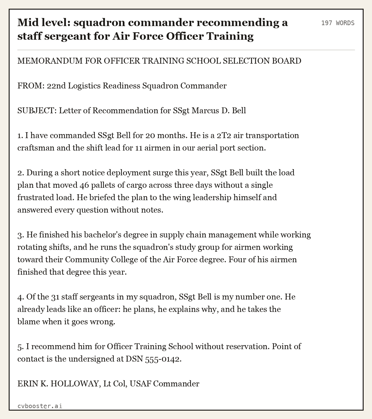 Complete Mid level: squadron commander recommending a staff sergeant for Air Force Officer Training School example, 197 words, laid out as it would sit in the application form