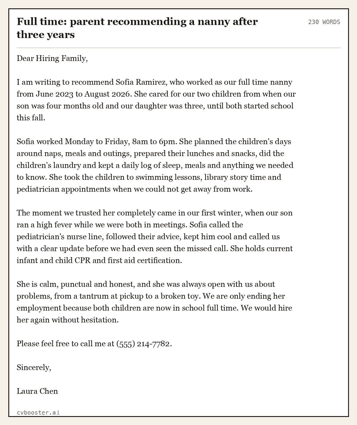 Complete Full time: parent recommending a nanny after three years example, 230 words, laid out as it would sit in the application form