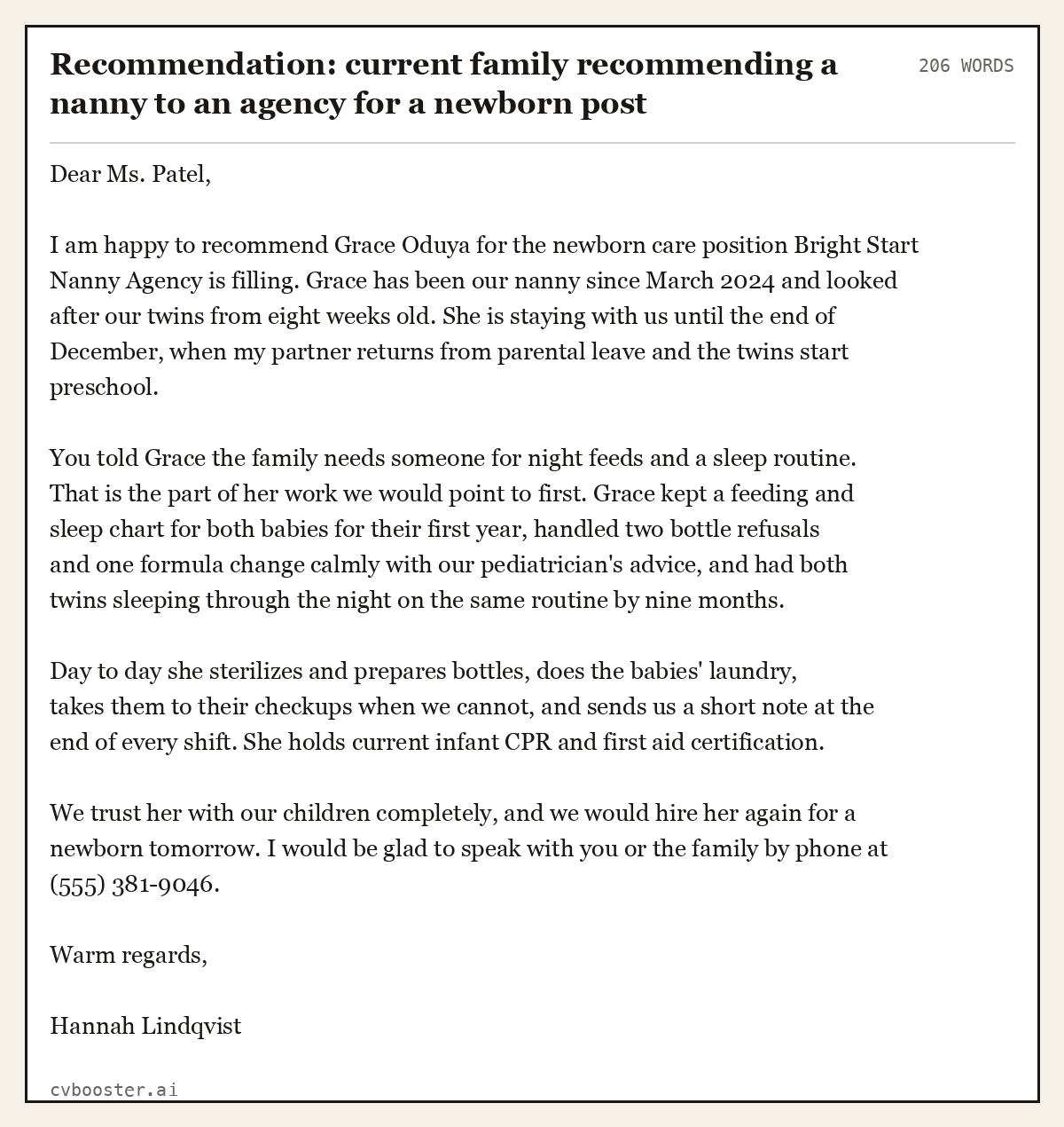 Complete Recommendation: current family recommending a nanny to an agency for a newborn post example, 206 words, laid out as it would sit in the application form