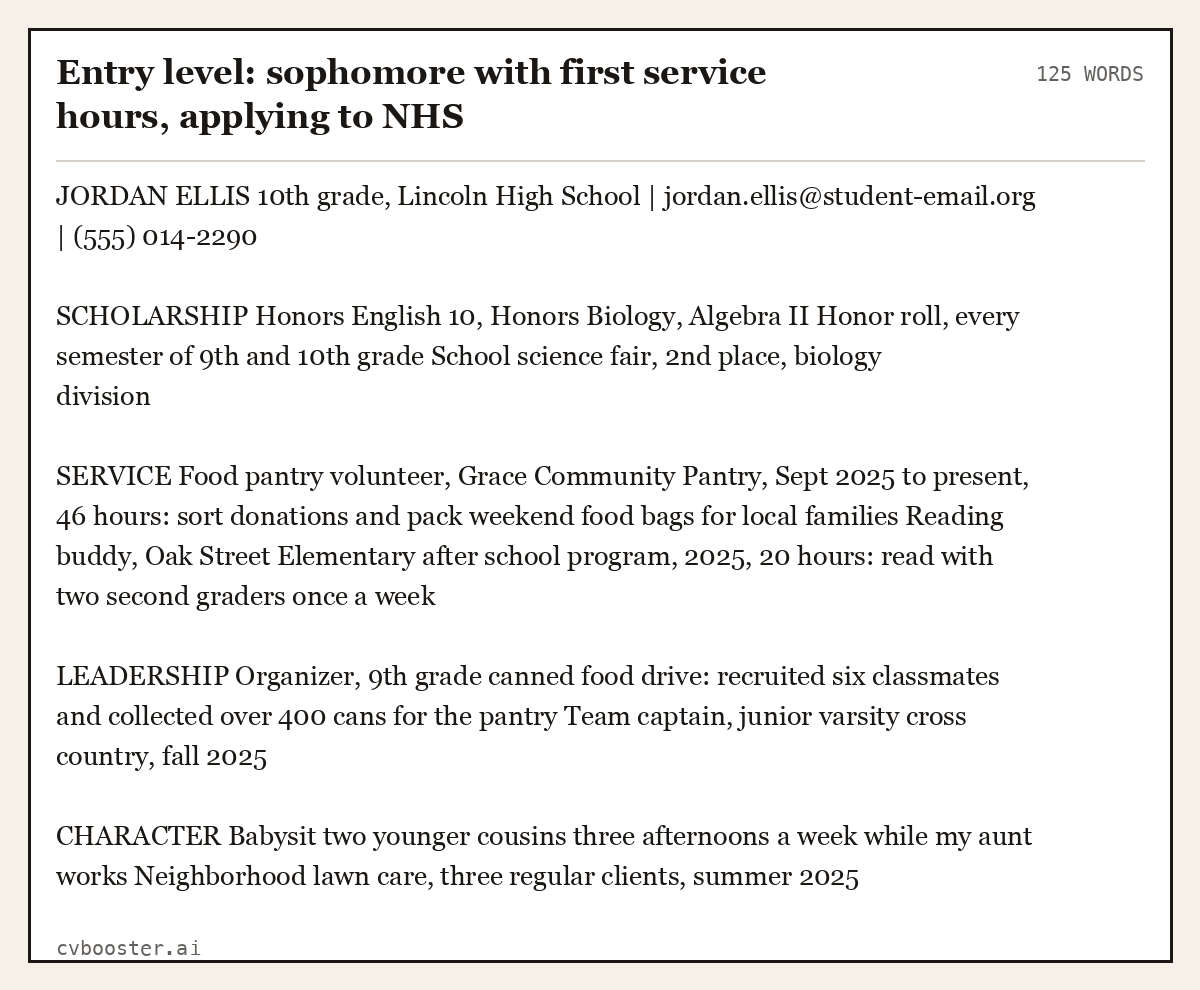 Complete Entry level: sophomore with first service hours, applying to NHS example, 125 words, laid out as it would sit in the application form
