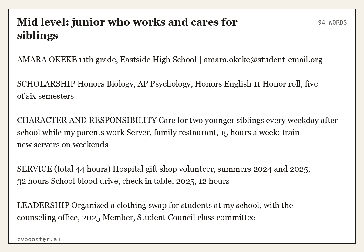Complete Mid level: junior who works and cares for siblings example, 94 words, laid out as it would sit in the application form