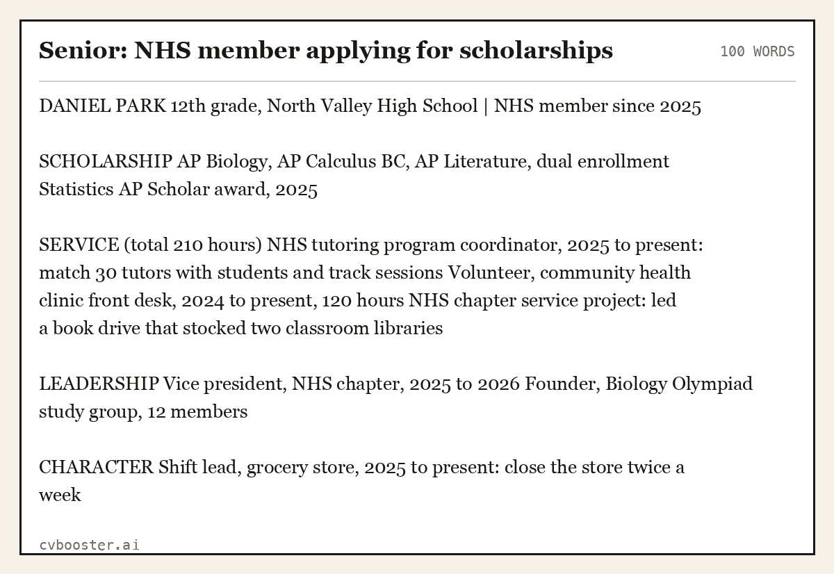 Complete Senior: NHS member applying for scholarships example, 100 words, laid out as it would sit in the application form