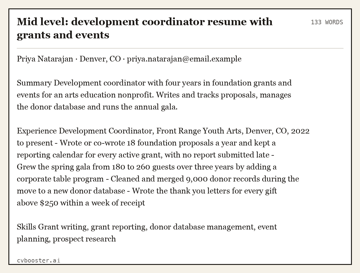 Complete Mid level: development coordinator resume with grants and events example, 133 words, laid out as it would sit in the application form