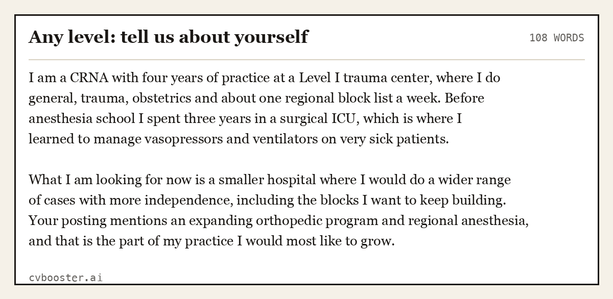 Complete Any level: tell us about yourself example, 108 words, laid out as it would sit in the application form