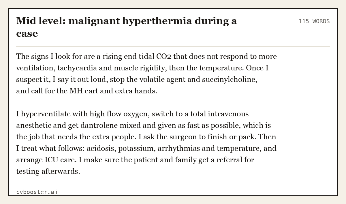 Complete Mid level: malignant hyperthermia during a case example, 115 words, laid out as it would sit in the application form