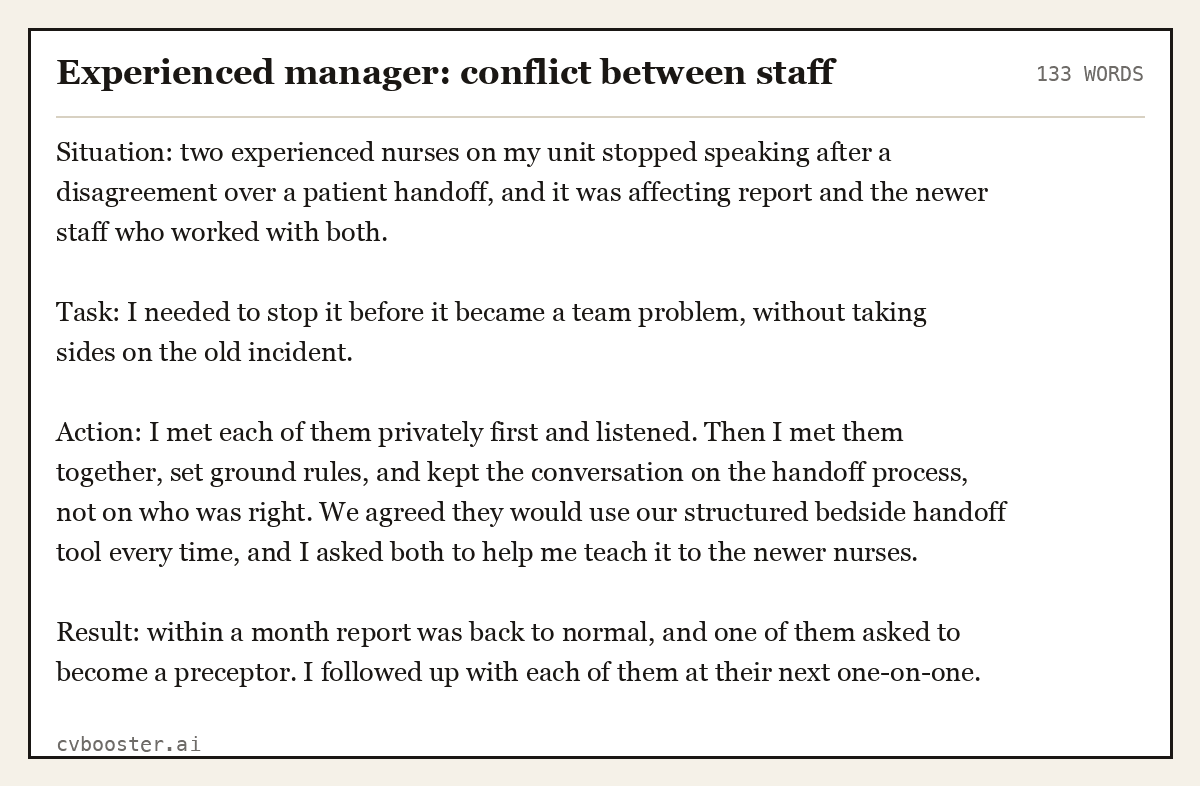 Complete Experienced manager: conflict between staff example, 133 words, laid out as it would sit in the application form