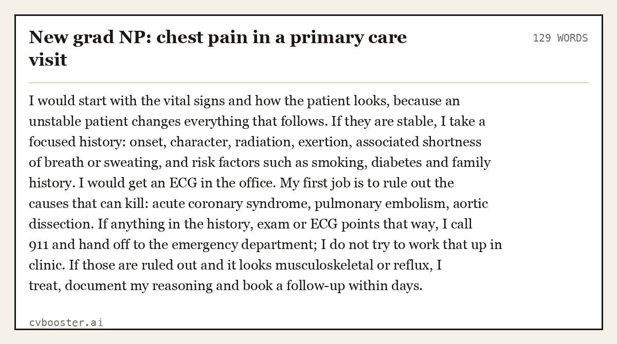 Complete New grad NP: chest pain in a primary care visit example, 129 words, laid out as it would sit in the application form