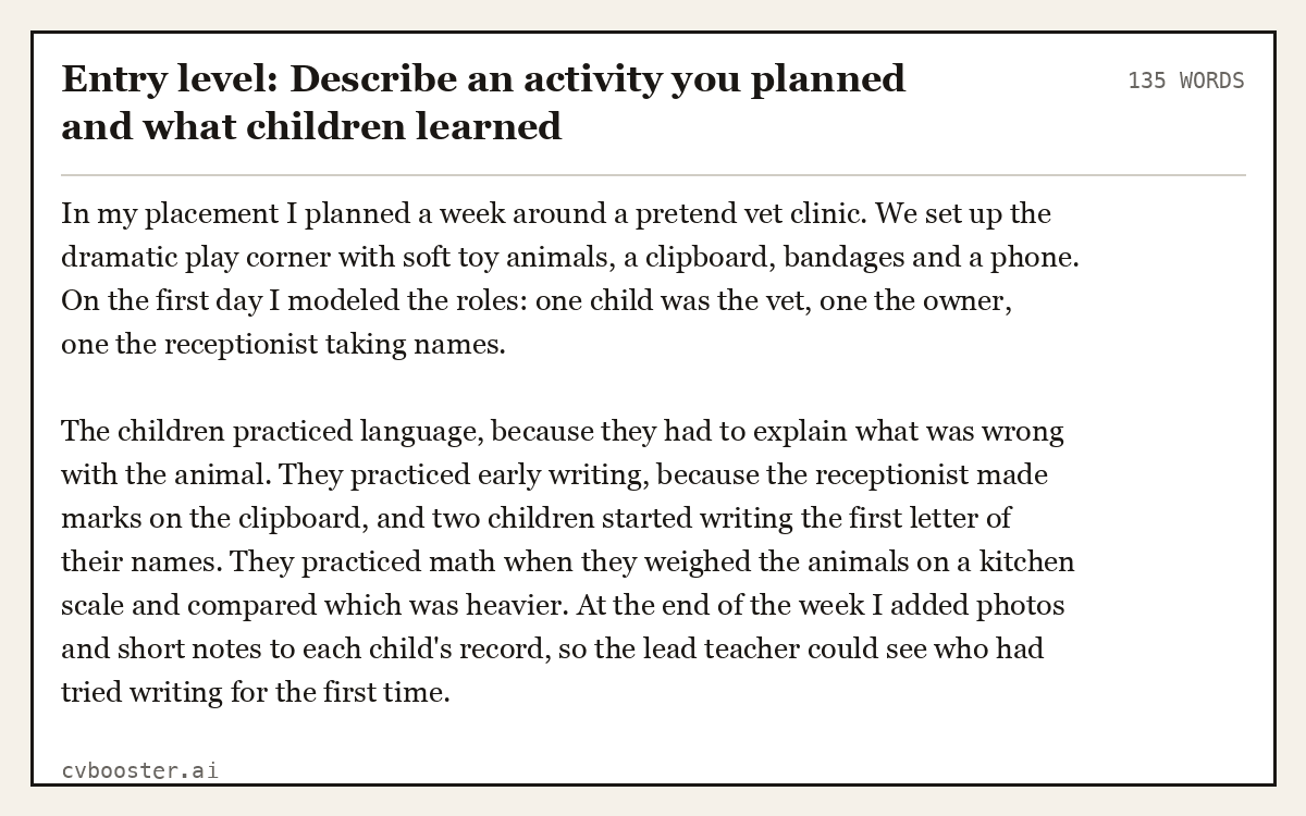 Complete Entry level: Describe an activity you planned and what children learned example, 135 words, laid out as it would sit in the application form