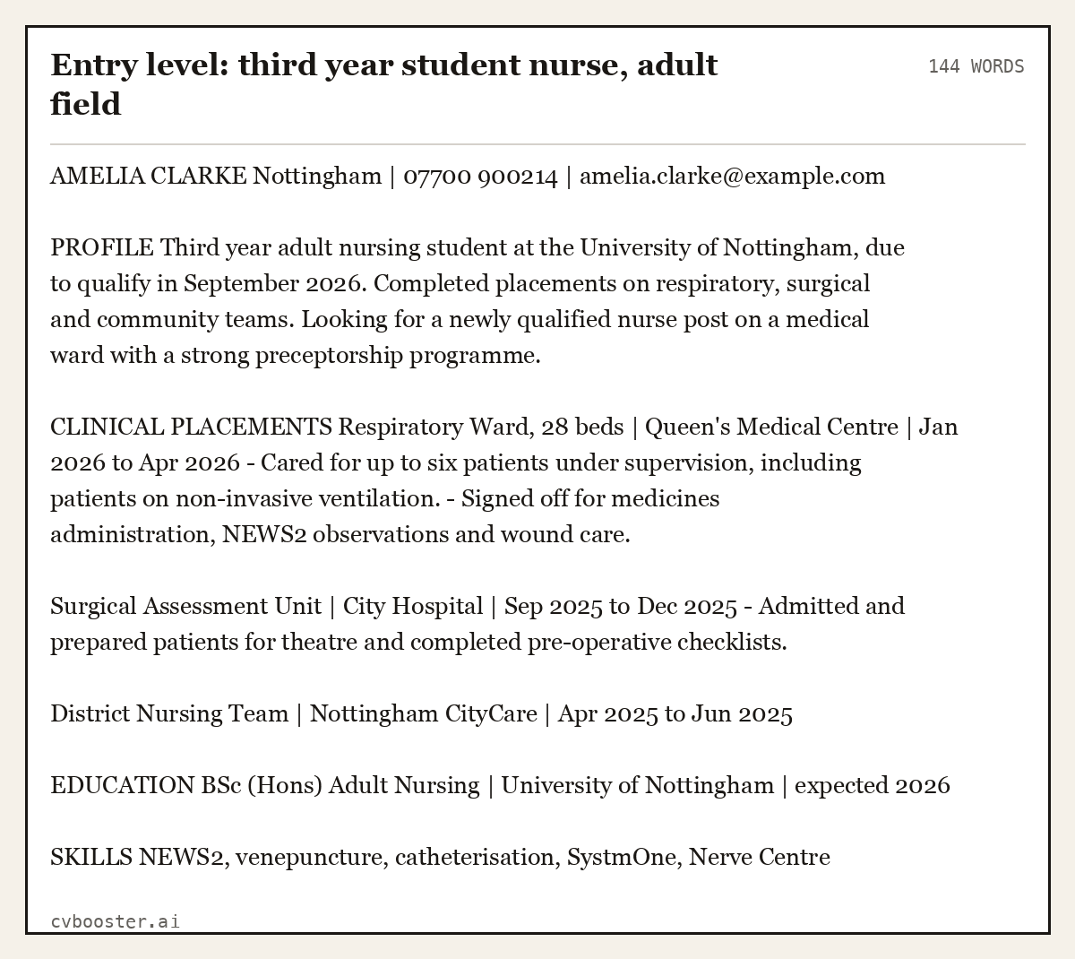 Complete Entry level: third year student nurse, adult field example, 144 words, laid out as it would sit in the application form