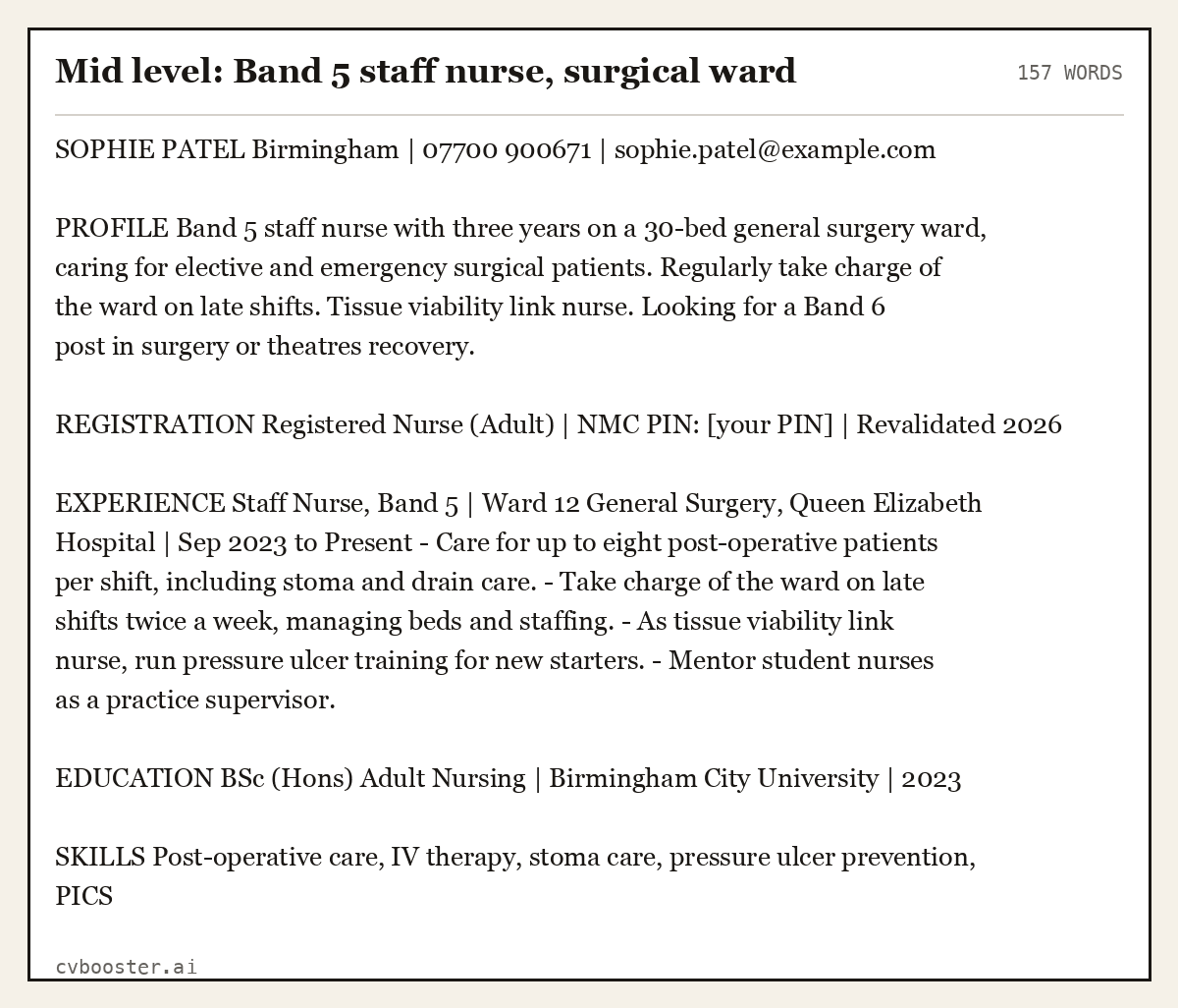 Complete Mid level: Band 5 staff nurse, surgical ward example, 157 words, laid out as it would sit in the application form