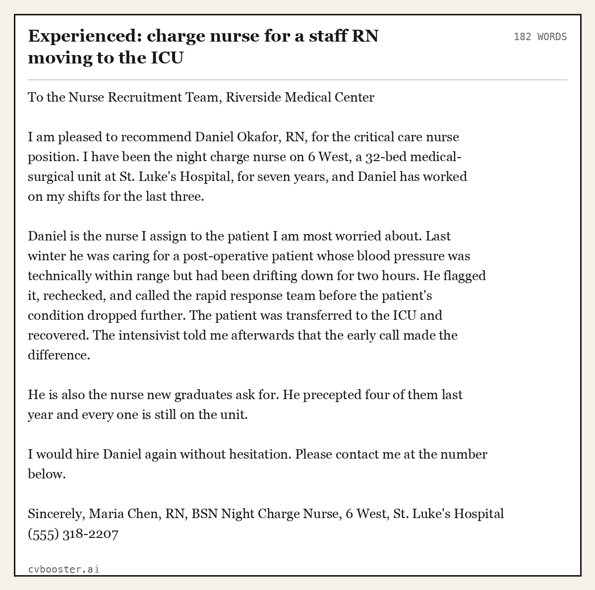 Complete Experienced: charge nurse for a staff RN moving to the ICU example, 182 words, laid out as it would sit in the application form