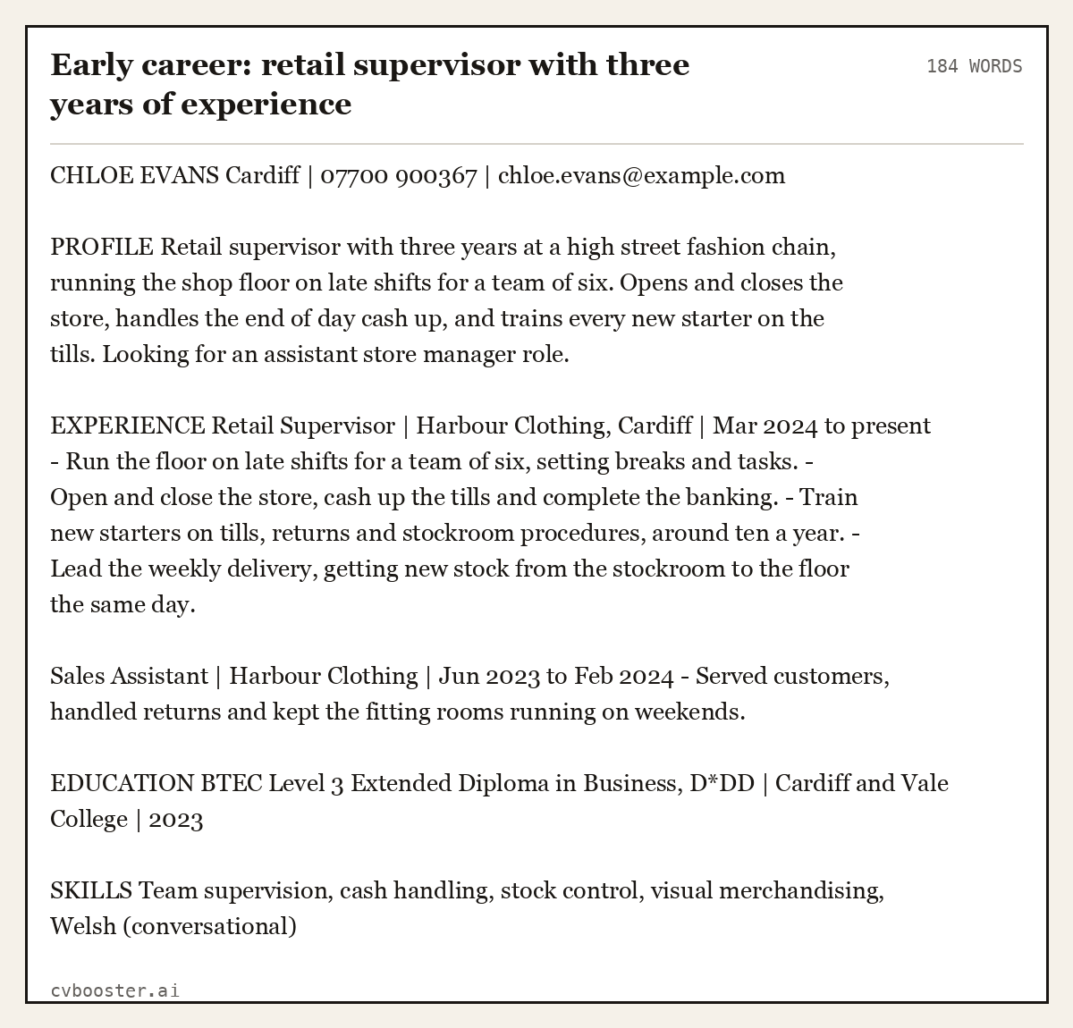 Complete Early career: retail supervisor with three years of experience example, 184 words, laid out as it would sit in the application form