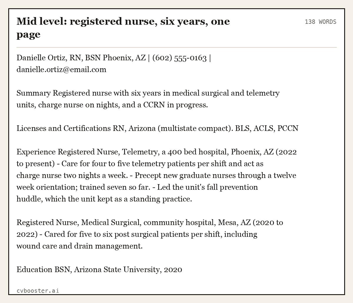 Complete Mid level: registered nurse, six years, one page example, 138 words, laid out as it would sit in the application form