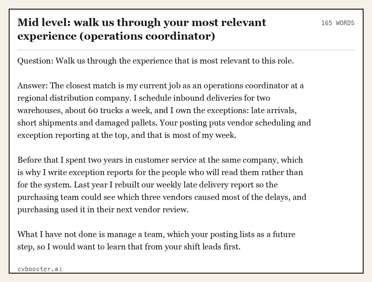 Complete Mid level: walk us through your most relevant experience (operations coordinator) example, 165 words, laid out as it would sit in the application form