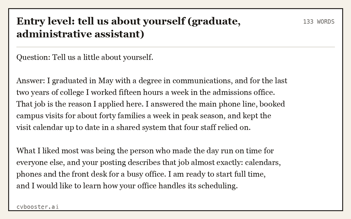 Complete Entry level: tell us about yourself (graduate, administrative assistant) example, 133 words, laid out as it would sit in the application form
