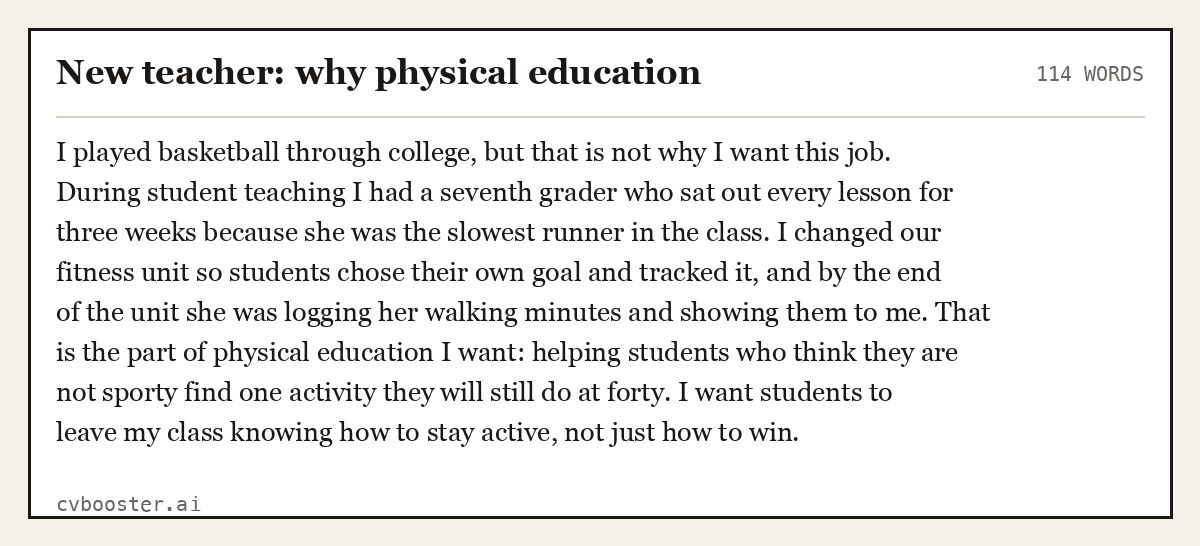 Complete New teacher: why physical education example, 114 words, laid out as it would sit in the application form