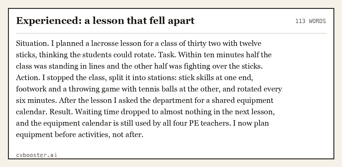 Complete Experienced: a lesson that fell apart example, 113 words, laid out as it would sit in the application form