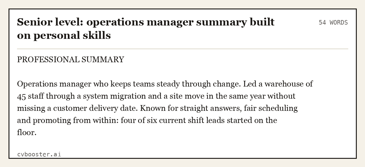 Complete Senior level: operations manager summary built on personal skills example, 54 words, laid out as it would sit in the application form