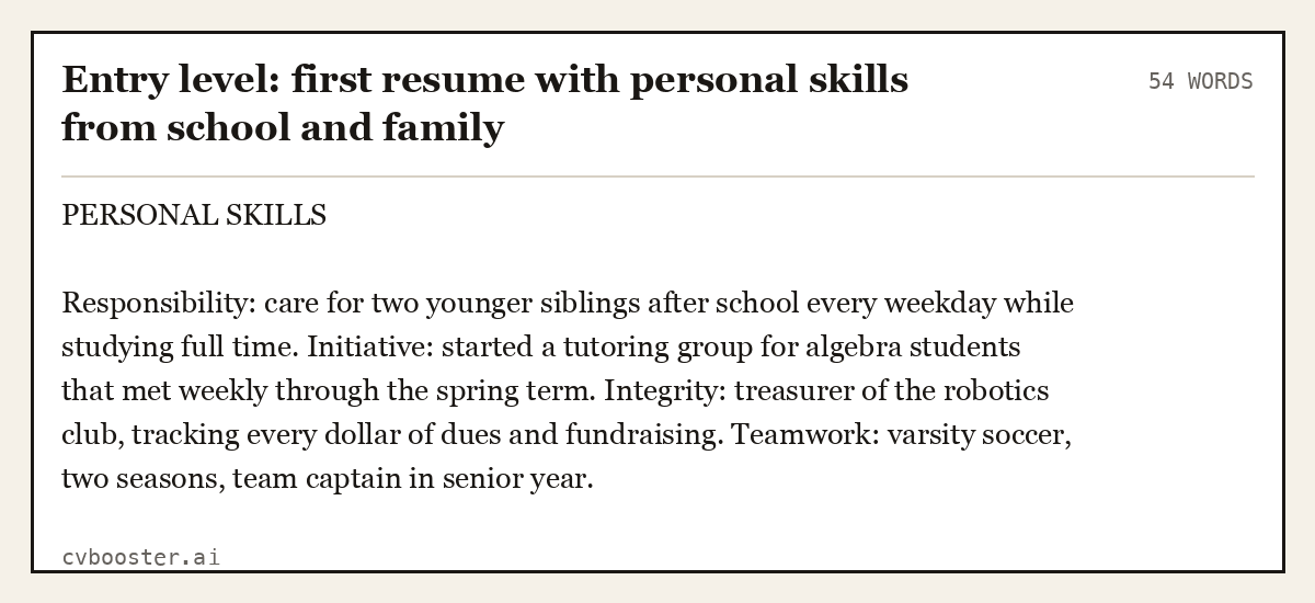 Complete Entry level: first resume with personal skills from school and family example, 54 words, laid out as it would sit in the application form