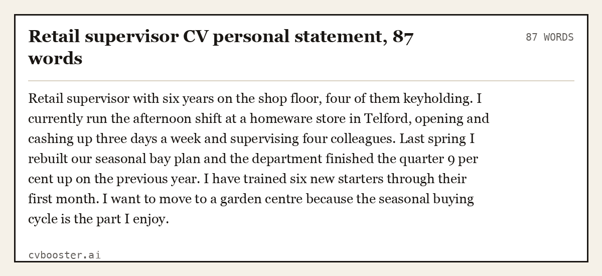 Complete Retail supervisor CV personal statement example, 87 words, laid out as it would sit in the application form